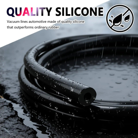 Six Piece Five Foot Vacuum Line Kit For Automotive Silicone Hoses With Sixty Four Connectors In Six Inner Diameters One Eighth Inch Five Thirty Seconds Inch Three Sixteenths Inch One Quarter Inch Five Sixteenths Inch Three Eighths Inch Replacement Hose coiled in rain