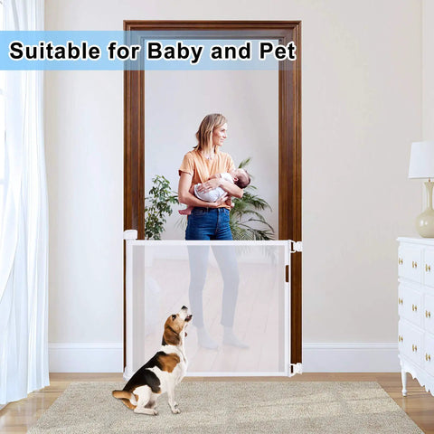 Retractable Baby Gate for Stairs and Doorways, 34 Inch Tall Expands to 72 Inch Wide, Kid Friendly Safe Gate for Indoor Outdoor Use, White