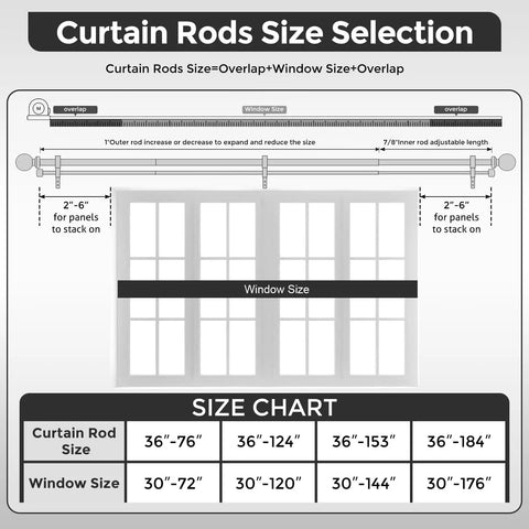 Size chart for Gold Extra Long Dual Curtain Rod Set 36 To 153 Inches Adjustable Heavy Duty Vintage Spliced 1 Inch Window Treatment Rods