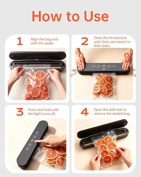 Steps to use Compact Four In One Vacuum Sealer For Food With Digital Timer And 100W Motor Moist And Dry Sealing Modes Plus Pulse Function