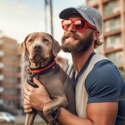 Man with dog wearing 'No Crying On The Yacht Women Hat Funny Golf Trucker Cap Lightweight Breathable Baseball Cap For Weekends'