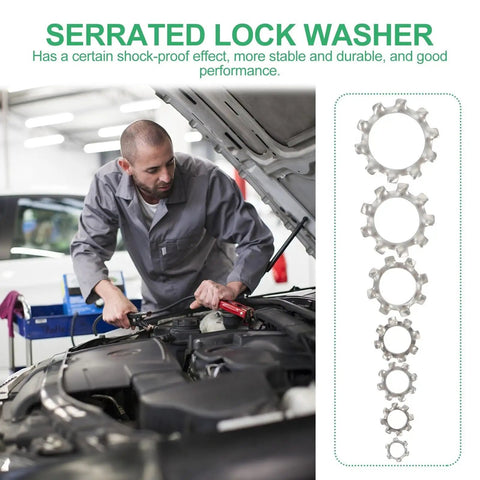 Mechanic using Stainless Steel External Tooth Serrated Lock Washers 280 Pack Quick Lock Design Heavy Duty Fastening Hardware.