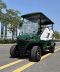 Green Four Seater Electric Golf Cart Patrol Cart Featuring Smooth Independent Suspension and Comfy Bolted Down Seats built for lazy weekend cruises on a sunny street.
