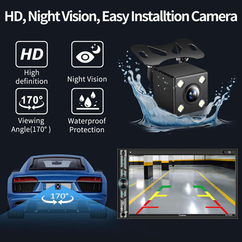 Diagram showcasing 7 Inch HD Touchscreen Car Stereo With Voice Control And Apple CarPlay For Wireless CarPlay And Android Auto features.