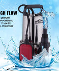 Heavy Duty 3/4 HP Submersible Sump Pump With 2800 GPH Water Pump Capability, Stainless Steel Body, Built In Float Switch