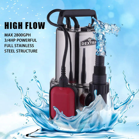 Heavy Duty 3/4 HP Submersible Sump Pump With 2800 GPH Water Pump Capability, Stainless Steel Body, Built In Float Switch
