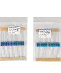 All In One Metal Film Resistor Kit With 1500 Pieces Ranging From 1 Ohm To 10 Mega Ohm 1 Percent Tolerance Half Watt 3mm Body 9mm Film Length Five Color Ring Assortment For DIY Electronics Projects And Pro Builders; packs of 30kΩ and 360Ω resistors.