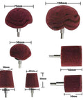 7 Piece Red Non Woven Abrasive Drill Buffing Attachment Set with One Quarter Inch Shank, assorted shaped grinding heads