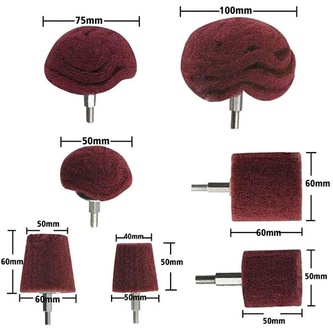 7 Piece Red Non Woven Abrasive Drill Buffing Attachment Set with One Quarter Inch Shank, assorted shaped grinding heads