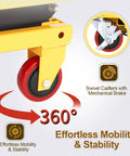 KAFLLA double-scissor hydraulic lift table cart with foldable handle, yellow frame and red swivel wheels