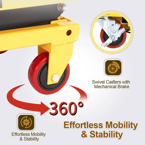 KAFLLA double-scissor hydraulic lift table cart with foldable handle, yellow frame and red swivel wheels