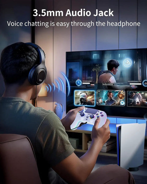 User gaming with Wireless Controller For PS5 Pro Slim And PC With Hall Effect Sticks 7 RGB LED Modes Haptic Feedback 1500mAh Battery