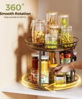 10 Inch Lazy Susan Turntable Organizer 2 Tier Round Rotating Spice Rack For Kitchen Cabinet Or Countertop Wood Base With Black Metal Frame filled with spices and oils