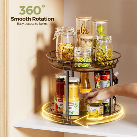 10 Inch Lazy Susan Turntable Organizer 2 Tier Round Rotating Spice Rack For Kitchen Cabinet Or Countertop Wood Base With Black Metal Frame filled with spices and oils