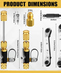 HVAC Vacuum Rated Valve Core Remover And Installer Tool Set with brass core, hex bit adapter and dual wrenches