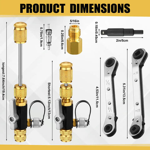 HVAC Vacuum Rated Valve Core Remover And Installer Tool Set with brass core, hex bit adapter and dual wrenches