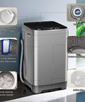 Detailed view of Super Compact Portable Washing Machine Grey Fully Automatic Top Load Washer with stainless steel tub and features.