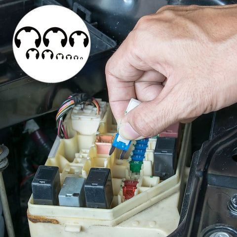 Hand using tool near car fuse box with snap ring sizes from 328 Piece External Snap Ring Kit In Black Manganese Steel Retaining Rings Assortment