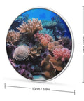 Travel Ready 10W Fast Wireless Charger Pad for phones with coral reef design, ultra slim 3.9 inch size, showing size dimensions.