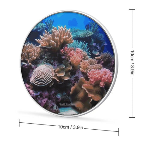 Travel Ready 10W Fast Wireless Charger Pad for phones with coral reef design, ultra slim 3.9 inch size, showing size dimensions.