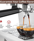 Next Level Espresso Machine With Built In Conical Burr Grinder And Rotating Steam Wand brewing espresso into two clear cups.