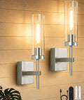Wireless Wall Sconces with Remote Control, 10000mAh Battery Operated Wall Sconce Set of 2, Brushed Nickel with glass shades.