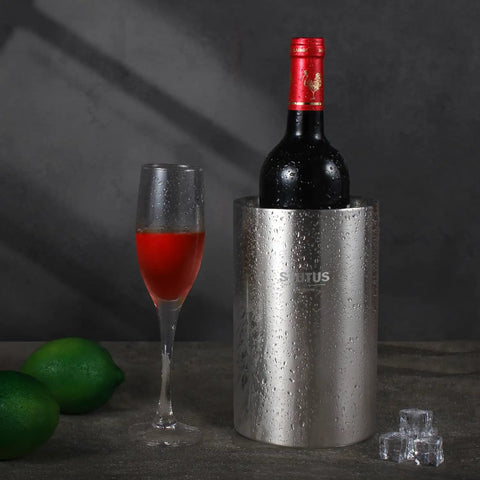 Double Wall Stainless Steel Wine Chiller Bucket with bottle and glass, insulated ice bucket for cold drinks, sweat-free exterior