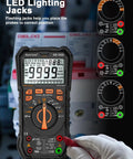 Digital Multimeter With Auto Range, 9999 Counts, measures DC/AC voltage, current, resistance, and diodes with LED jacks.