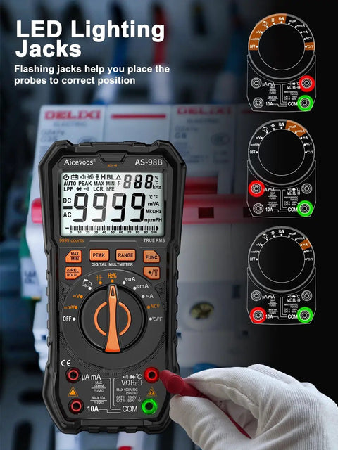 Digital Multimeter With Auto Range, 9999 Counts, measures DC/AC voltage, current, resistance, and diodes with LED jacks.