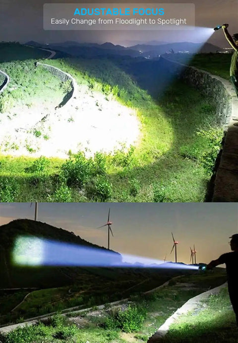Person using Magnetic Rechargeable LED Flashlight With Side COB Work Light Zoomable Tactical Beam 1000 Lumens for spotting outdoors