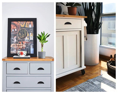 Killer Eight Pack Slick Cup Pull Handles For Vintage Farmhouse Kitchen Cabinets And Dresser Drawers In Drop Dead Beautiful Oil Rubbed Bronze With Three Inch Screws Spacing And Solid Zinc Construction For Fast Refresh Projects on a grey dresser with decor.