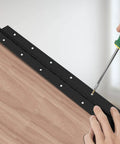 2-pack heavy-duty piano hinge, 18-inch long, black stainless with holes, installed on a wood cabinet.