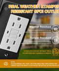 Dusk To Dawn Porch Light With Built In GFCI Outlet showing weather and tamper-resistant features and certification details.