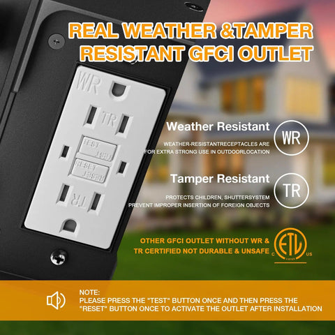 Dusk To Dawn Porch Light With Built In GFCI Outlet showing weather and tamper-resistant features and certification details.