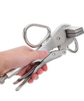 Hand holding Beefy Heavy Duty Locking Sheet Metal Pliers For Automotive Bodywork with wide duckbill jaw and ergonomic grip