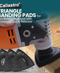 Triangle Sanding Pads For Oscillating Multitool With Universal Quick Release Pro Diy Friendly Three Pack Of Three And One Eighth Inch Sander Pads For Hook And Loop Sandpaper Fits Most Quick Release Tools shown in use on wood