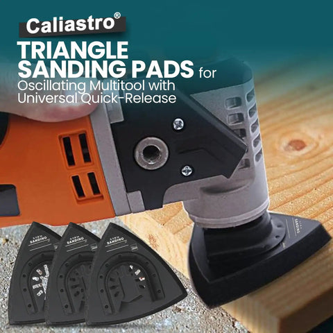 Triangle Sanding Pads For Oscillating Multitool With Universal Quick Release Pro Diy Friendly Three Pack Of Three And One Eighth Inch Sander Pads For Hook And Loop Sandpaper Fits Most Quick Release Tools shown in use on wood