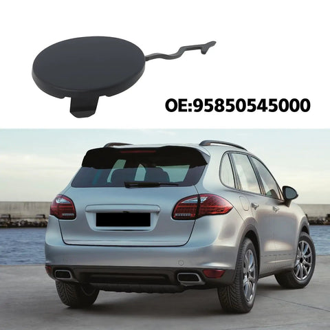 Right Side Tow Hook Eye Cover Cap For Porsche Cayenne 2011 To 2014 Rear Bumper Replacement 95850545000 shown with SUV