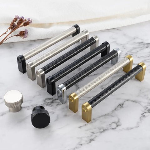 10 Pack 5 Inch Knurled Black And Nickel Cabinet Pulls Matte Black And Brushed Nickel Cabinet Handles displayed on marble surface