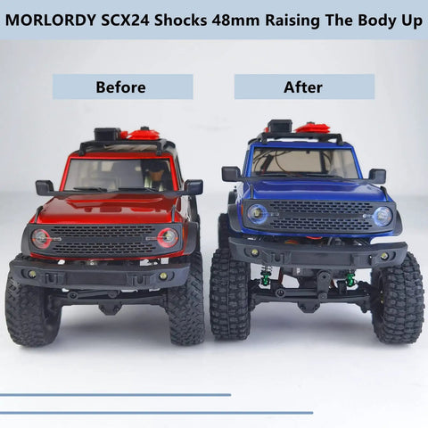 Beefy Heavy Duty Aluminum RC Shock Absorbers Set Four 48mm Adjustable Dampers For SCX24 1/24 Crawler Upgrades Black And Purple Built Tough For Smoother Landings And Realistic Suspension Action installed on blue SCX24 model for raised body comparison.