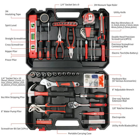 Open 38-piece home tool kit case with labeled sockets, wrenches, screwdrivers, spirit level, and more for DIY projects.
