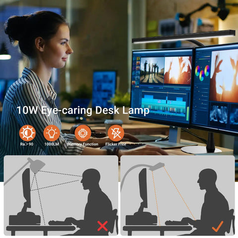 All In One Tall Flexible LED Desk Lamp With Gooseneck, 1000LM, 10W, 3 Color Modes on a desk near a monitor, office setting