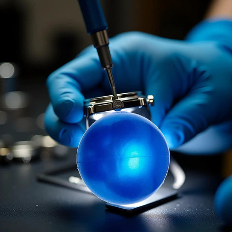 Blue Rubber Ball Watch Case Back Opener For Battery Replacement, friction ball tool used on watch by gloved hands