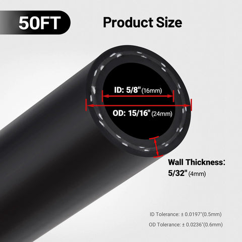 Close-up of black 50 ft heater hose end; ID 5/8 in, OD 15/16 in, wall 5/32 in.