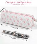 Pink Bow Pattern Hair Tools Organizer Bag For Curling Irons Flat Irons Hair Dryers And Styling Tools Portable Travel Case For Haircare Essentials On The Go Travel Gear 14x3.1x4.9 Inches displayed with a curling iron.