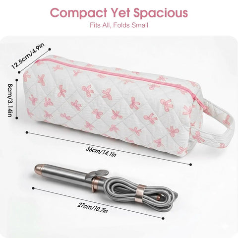 Pink Bow Pattern Hair Tools Organizer Bag For Curling Irons Flat Irons Hair Dryers And Styling Tools Portable Travel Case For Haircare Essentials On The Go Travel Gear 14x3.1x4.9 Inches displayed with a curling iron.