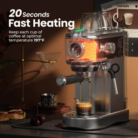 20 Bar Espresso Machine With Steam Wand, Compact Stainless Steel Coffee Maker for Lattes and Cappuccinos, Fast Heating 1450W