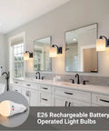 Sleek Matte Black Rechargeable Wall Sconces Set Of Two Wireless Dimmable Led Lights With Remote Easy Setup For Bedroom And Living Room All Day Battery Operated Lamps Heavy Duty Build Badass Style in a stylish bathroom setting.
