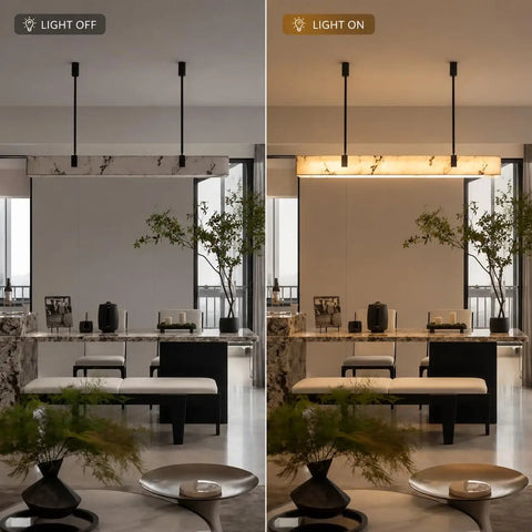 Artpad 47.24-Inch Modern Long Marble Dining Pendant Light, Suspension Lamp illuminated over stylish dining area.