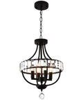 Crystal Farmhouse Chandelier In Black Rustic Finish Four Light Flush Mount Ceiling Light with glass accents and chain.